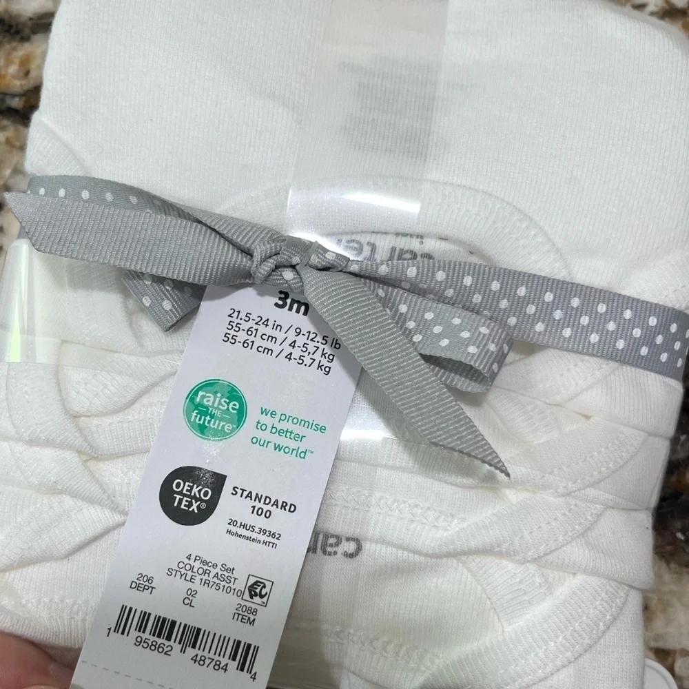 NWT Carter's Baby 4pk Short Sleeve Bodysuit - White 3M Cotton Crew Neck, Tagless
